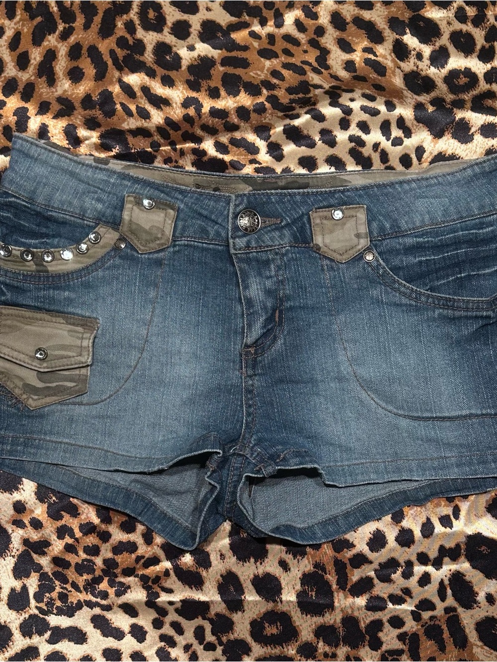 Vintage Y2K Squeeze Denim Shorts with Camo & Rhinestone Details